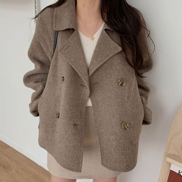 

2021 spring female turn-down neck long-sleeved double breasted solid color minimalist loose cotton heavy woolen coat 8d398, Black;brown