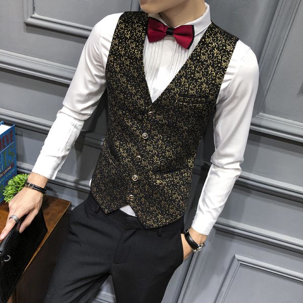 

new masculine style gilet formal homme floral gold imprint dressed up man's vests vest wedding suit chamois for hombre 6f8w, Black;white