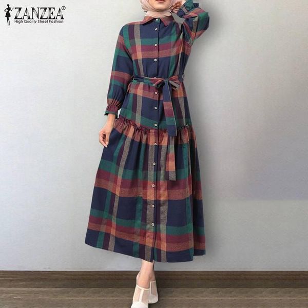 

casual dresses dubai abaya turkey hijab dress zanzea vintage long sleeve plaid check women muslim autumn ruffles islamic clothing, Black;gray