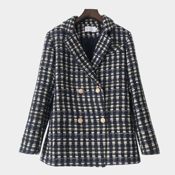 

2021 new moda feminina elegante duplo breasted xadrez tweed blazers casaco vintage manga longa outerwear chic jaqueta cmb6, Black