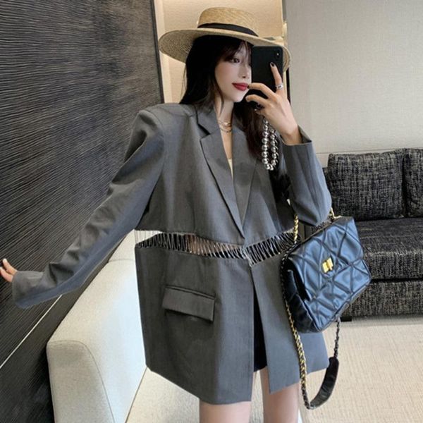 

women's suits & blazers [ewq] korea chic temperament gray blazer women autumn coat 2021 notched loose waist hollow out long sleeve suit, White;black