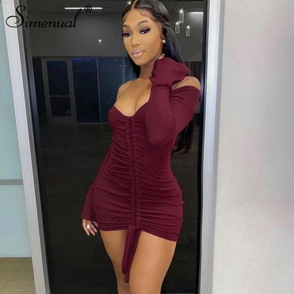 

casual dresses simenual drawstring ribbed off shoulder flare long sleeve skinny bodycon night clubwear women mini dress spring sexy, Black;gray