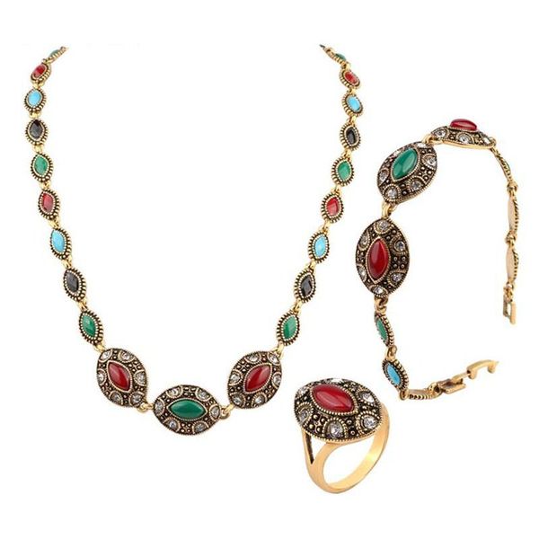 

earrings & necklace vintage ethnic women resin crystal gold color adjustable bracelet pendant ring wedding jewelry set costumes accessories, Silver