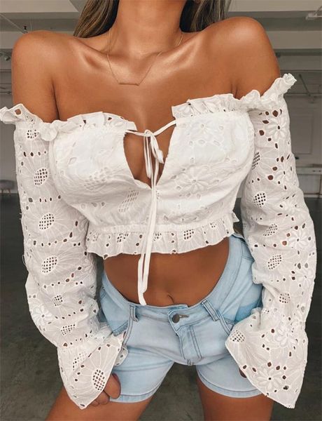 

women's blouses & shirts 2021 women slash neck lace hollow strapless off shoulder ladies crop blouse long sleeve bare-midriffÂ, White