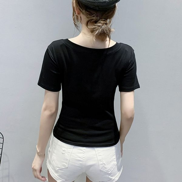 

2021 new summer european clothes fashion print letter button t-shirt women crop ropa mujer cotton bottoming shirt tees t07404 pjtd, White