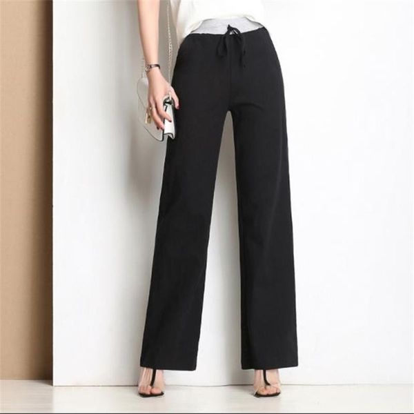 

women's pants & capris woman plus size solid elastic waist mid ankle length flax wide leg female oversized summer loose thin cotton, Black;white