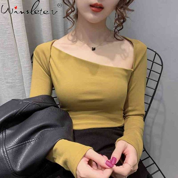 

women's t-shirt spring women fashion korean clothes long sleeve skew collar girls cotton tees for femme bottoming shirt, White