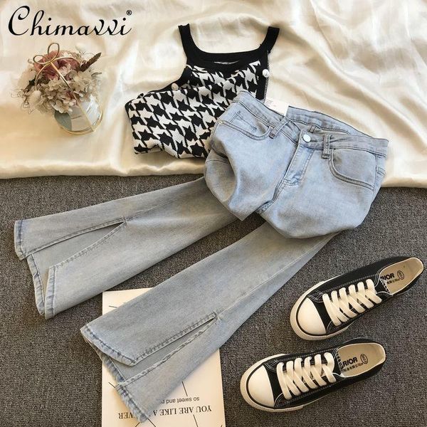 

women's jeans women casual high waist denim flare pants vintage cotton elastic light slit bottom ankle-length trousers spring, Blue