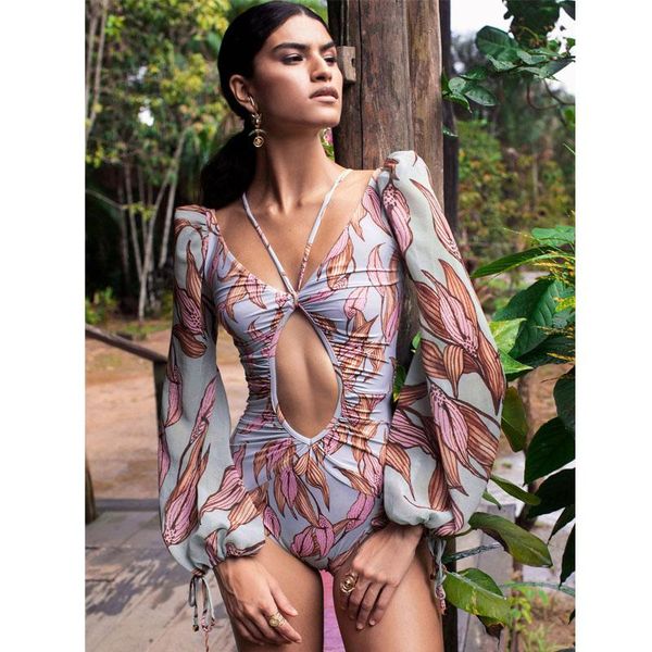 

one-piece suits print floral one piece swimsuit women swimwear monokini long sleeve backless printed female bathing suit surfing bodysuit sw