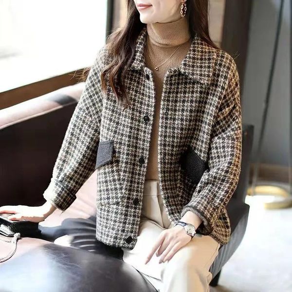 

women's wool & blends cotton/inner square collar houndstooth short woolen coat autumn winter loose female jacket, Black