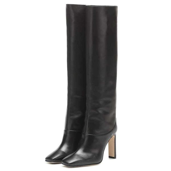 

boots summer 2021 autumn and winter simple versatile square shoes breathable pigskin thick heel loose sleeve large high, Black