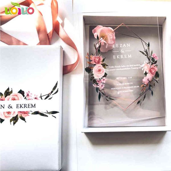 Alta Qualidade Impressão UV Eco-Friendly Tintas Custom Flower Impressão Acrílico Cartão Convite de Casamento Transparente Com Caixa Impresso H1231