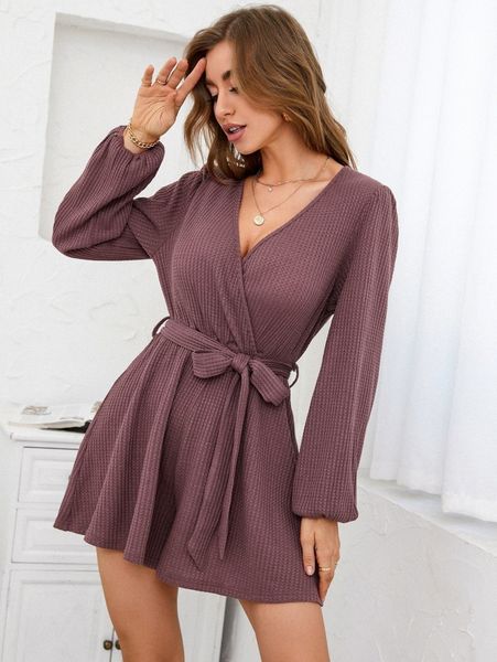

overlap collar lantern sleeve waffle knit belted romper c5py#, White