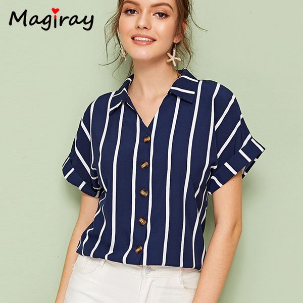 

2021 new magriay white blue striped blouses women button collared batwing sleeve korean elegant chic casual shirts female office c210 ku