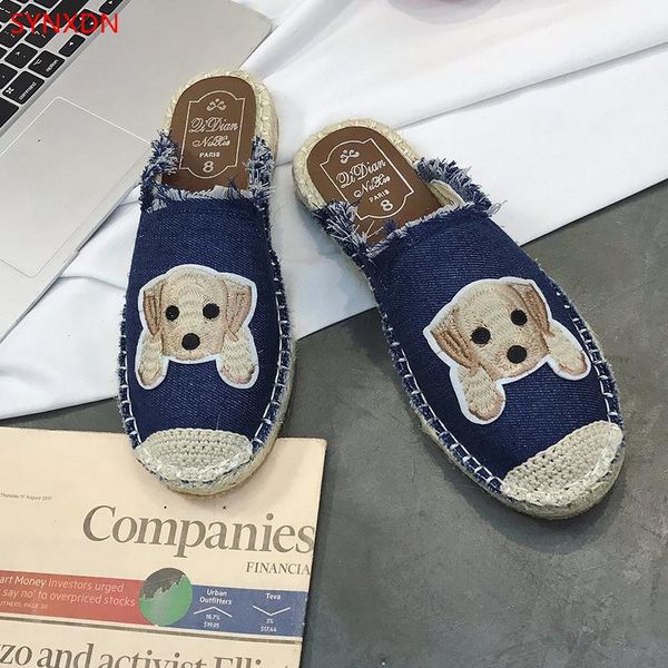 

slippers synxdn canvas women fishman flat casual autumn lady mules non-slip outdoor round toe dog female flip flops, Black