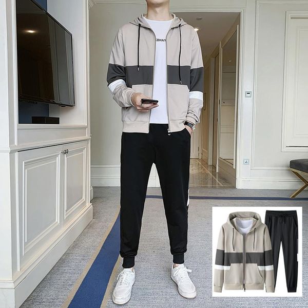 

men's tracksuits autumn track set casual zipper hoody hoodies jackets and pants two piece sets streetwear patchwork tracksuit, Gray