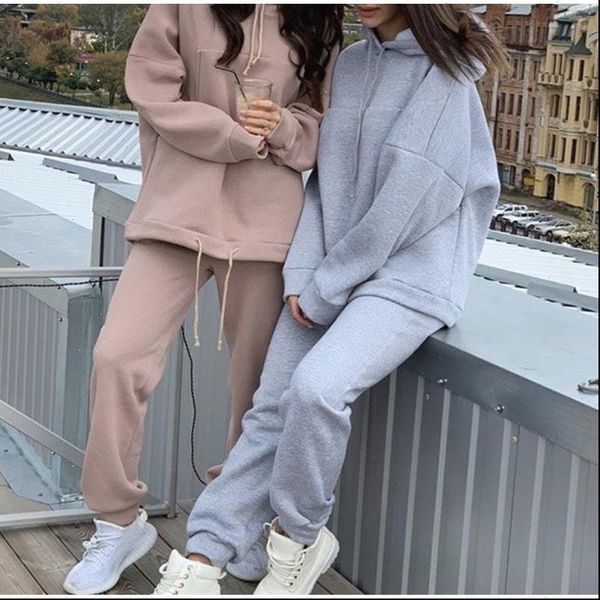 

winter loose tracksuit for women black grey 2 pieces set suit female pocket hooded hoodies long pants, Gray
