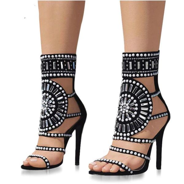 

ethnic open toe rhinestone design high heel sandals crystal ankle wrap diamond gladiator women sandals black size