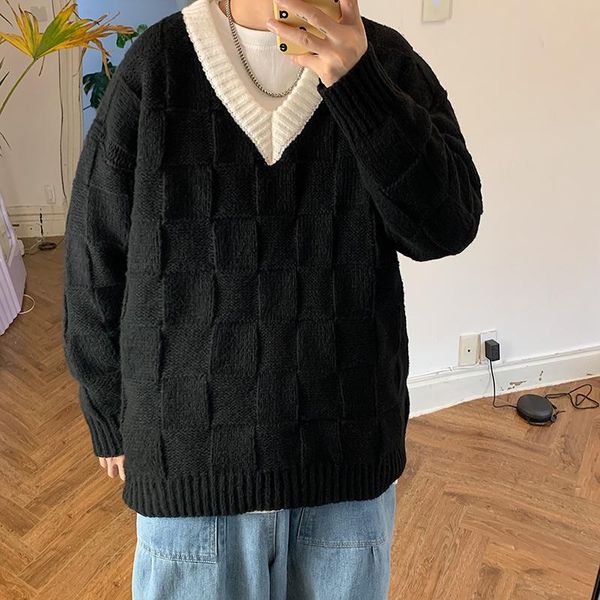 

men's sweaters autumn winter plaid sweater men warm fashion casual knitted pullover korean loose long-sleeved mens jumper clothes, White;black