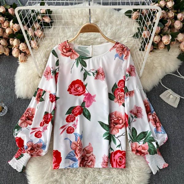 

women's blouses & shirts women blouse 2021 autumn fashion flowers print shirt elegant o-neck lantern sleeve casual female loose blu, White