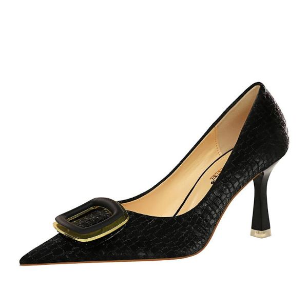 

dress shoes women fashion simple nightclub pumps shallow square buckle pointed toe stone pattern female high heels 43, Black