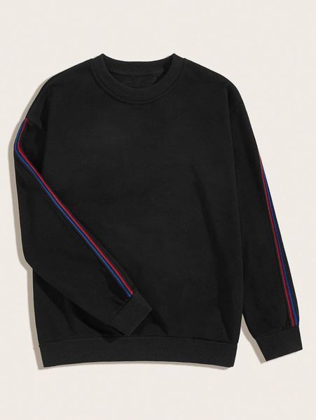 

men side stripe tape round neck sweatshirt 66ie#, Black