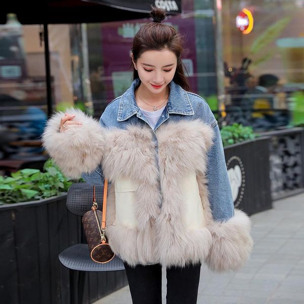 

women's fur & faux fall korean style women loose imitation turf pocket stitching denim jacket plus velvet thickening long sleeve coat, Black