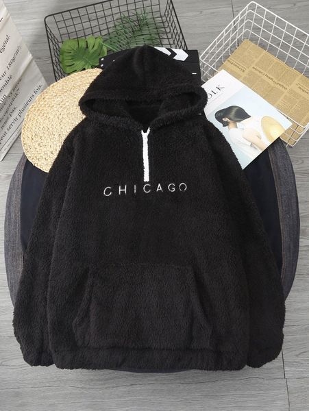 

men letter embroidery kangaroo pocket teddy hoodie y2xa#, Black