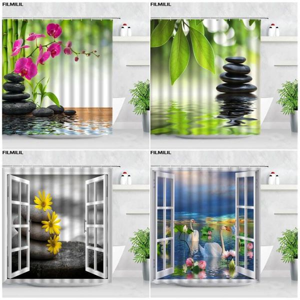 

shower curtains black stone purple orchid green bamboo zen swan flowers chinese style waterproof bath curtain set bathroom decor