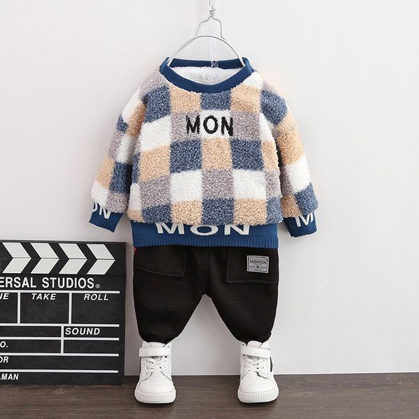 

2021 new fashion plaid toddler set winter warm kids clothes boys outfit long sleeve +pants children clothing 1-5 years 3fz2, White