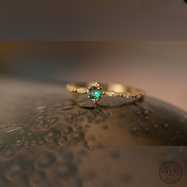 

925 sterling silver fashion tail ring women plating 14k gold simple design inlaid emeralds wedding jewelry accessories, Golden;silver
