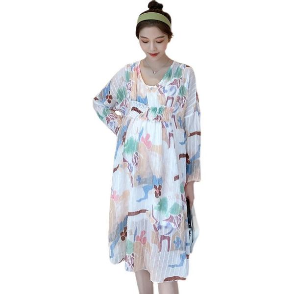 

maternity dresses 2021 spring floral two-piece outfit pregnant women dress suits ba strap linner+long sleeve chiffon twinset, White