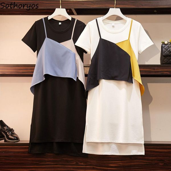 

patchwork asymmetrical side slit womens dresses plus size 3xl loose fashion korean style all match female fake two piece, Black;gray