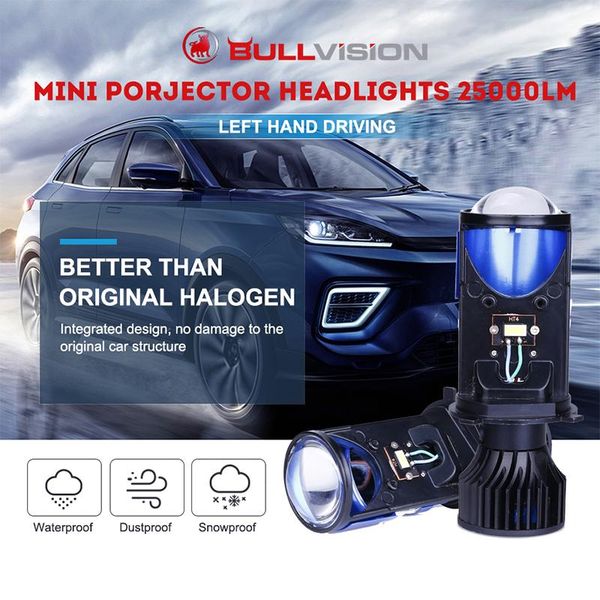 

car headlights mini projector optical lens lamp h4 bi led 25000lm headlight bulb dual diodes ice beam lhd styling 6000k white 12v
