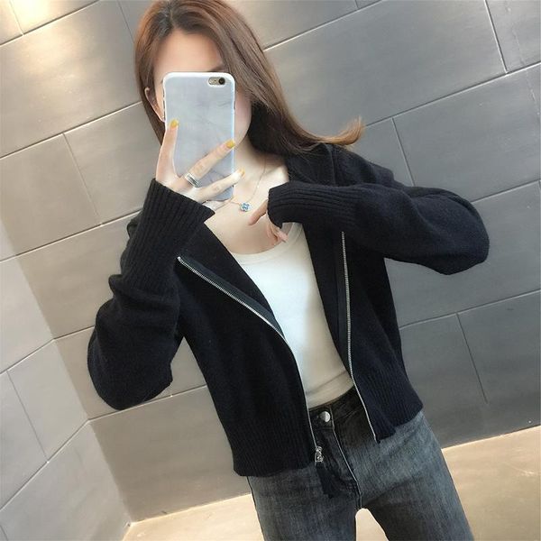 

women's knits & tees spring autumn short coat black zipper knitted cardigan women 2021 long sleeve hooded female sweater thin top, White