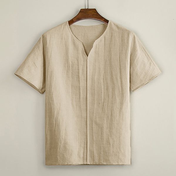 

2021 occasional for men in short sleeves summer linen shirts loose v-neck tee ethnic lone soild color of male beach fashion blunt artic, White;black