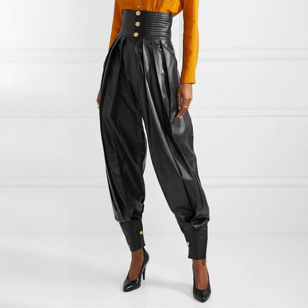 

women's pants & capris pu leather ruched full length pant high waist tunic lace up casual trousers female 2021 fashion clothes, Black;white