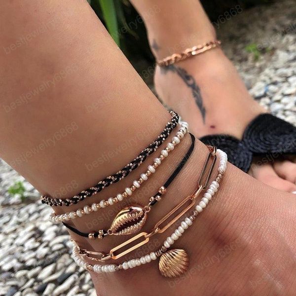 Bohemian Pearl Pérola Shell Conch Cadeia Corrente Preto Conjunto de Anklet Feminino Mulheres Praia Ajustável Pulseira Pé Jóias