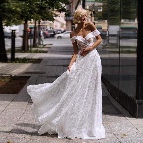 

other wedding dresses shiny 2021 boho off the shoulder a-line princess glitter gowns custom bride dress robe de mariée, White