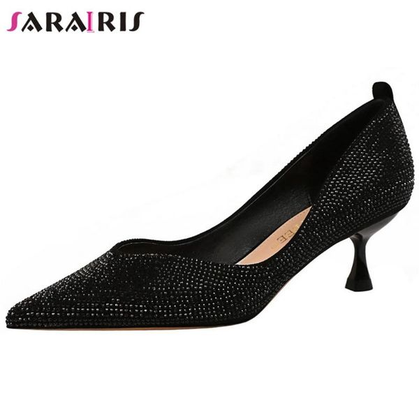 

dress shoes sarairis pointed toe rhinestone thin heel brand bridal pumps women casual office ladies, Black