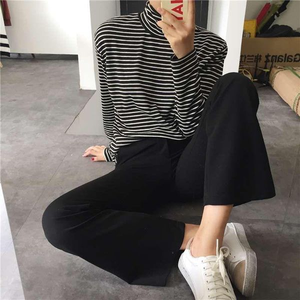 

women t-shirt summer fashion elegant long sleeve t-shirt loose casual tees black white striped turtleneck drop shipping