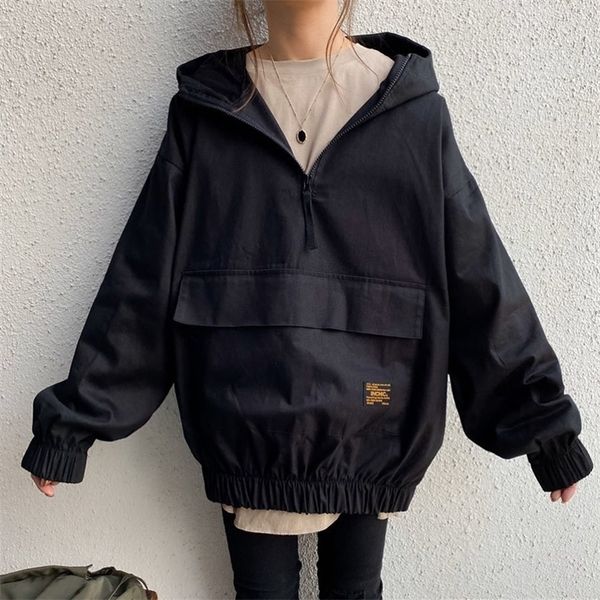 

women solid hoodie cool autumn spring office ladies loose pullover hooded coat japanese korean causal outwear black 201203