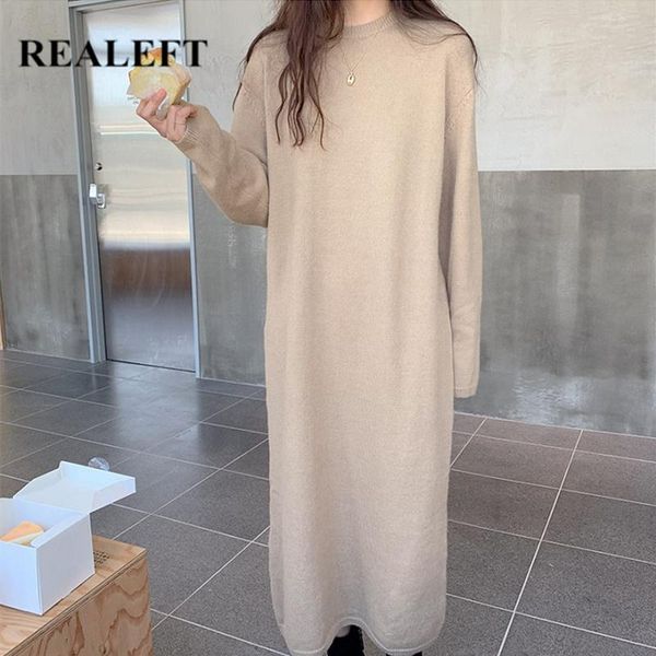 

casual dresses realeft 2021 autumn winter oversize knitting long o-neck loose dress sleeve straight female, Black;gray