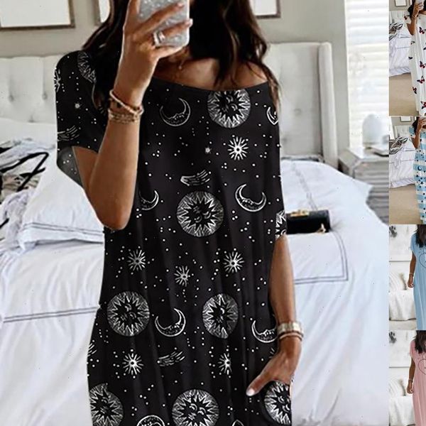 

women daily short sleeve moon print casual inclined shoulder maxi dress sleeveless beach floarl print maxi dress sundress, Black;gray