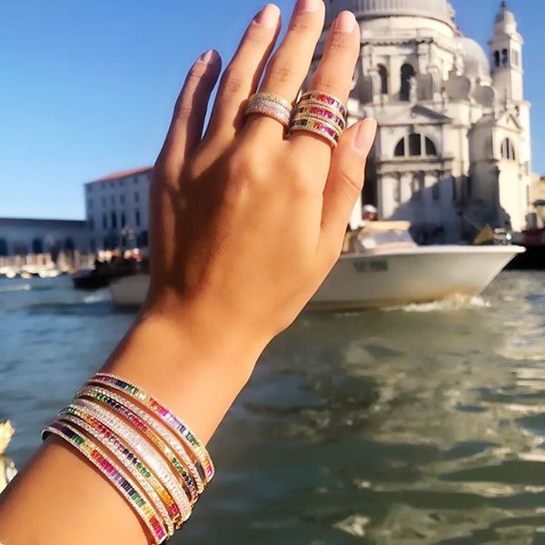 

2021 new shiny cz fine fashion bracelet rainbow colorful square cz tennis chain gorgeous trendy baguette cubic zirconia bracelet, Golden;silver