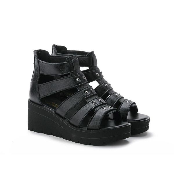 

sandals 2021 thick bottom layer cowhide leather women's shoes casual wear high heel waterproof, Black