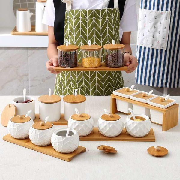 

storage bottles & jars ceramic condiment jar kitchen seasoning tank household pot bamboo tray spice soy sauce box salt sugar can