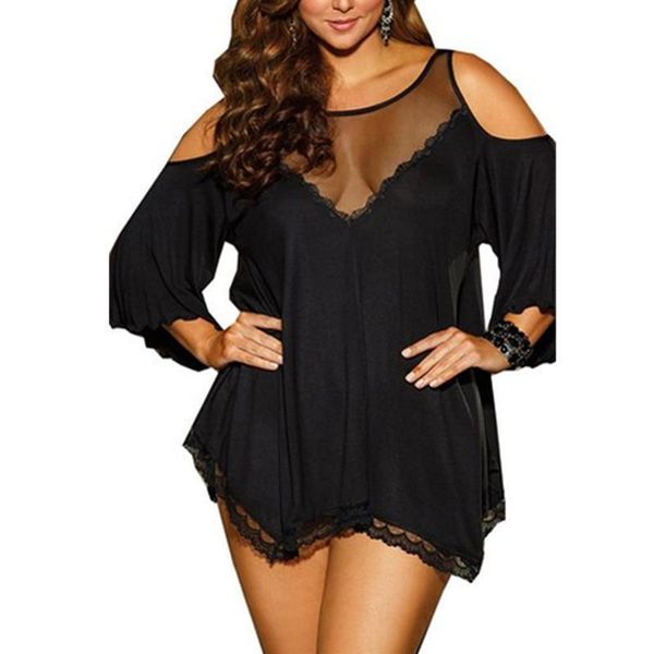 

solid sleepwear plus size lingerie 4xl see-troughwomen lace sleep dress big size short nightgowns sleepwear, Black;red