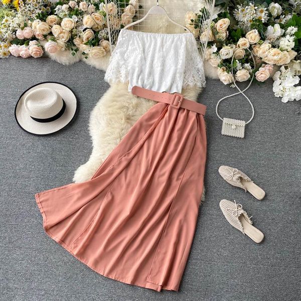 

singrain women summer slash neck lace ruffles short split high waist long skirt two pieces set french sweet fashion set, Gray