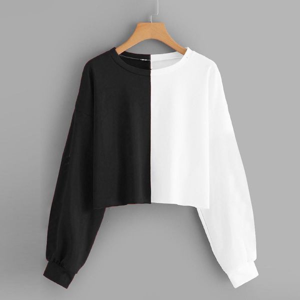 

black and white stitching cropped womens solid long sleeve splice sweatshirt short pullover hooded women streetwear